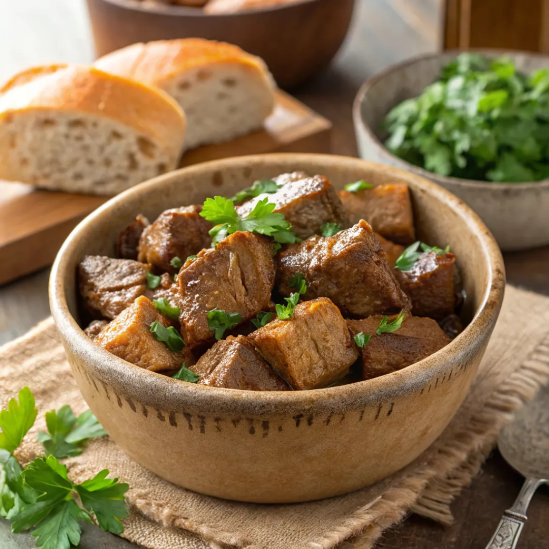 Close-up of tender Crock Pot Steak Bites garnished with parsley