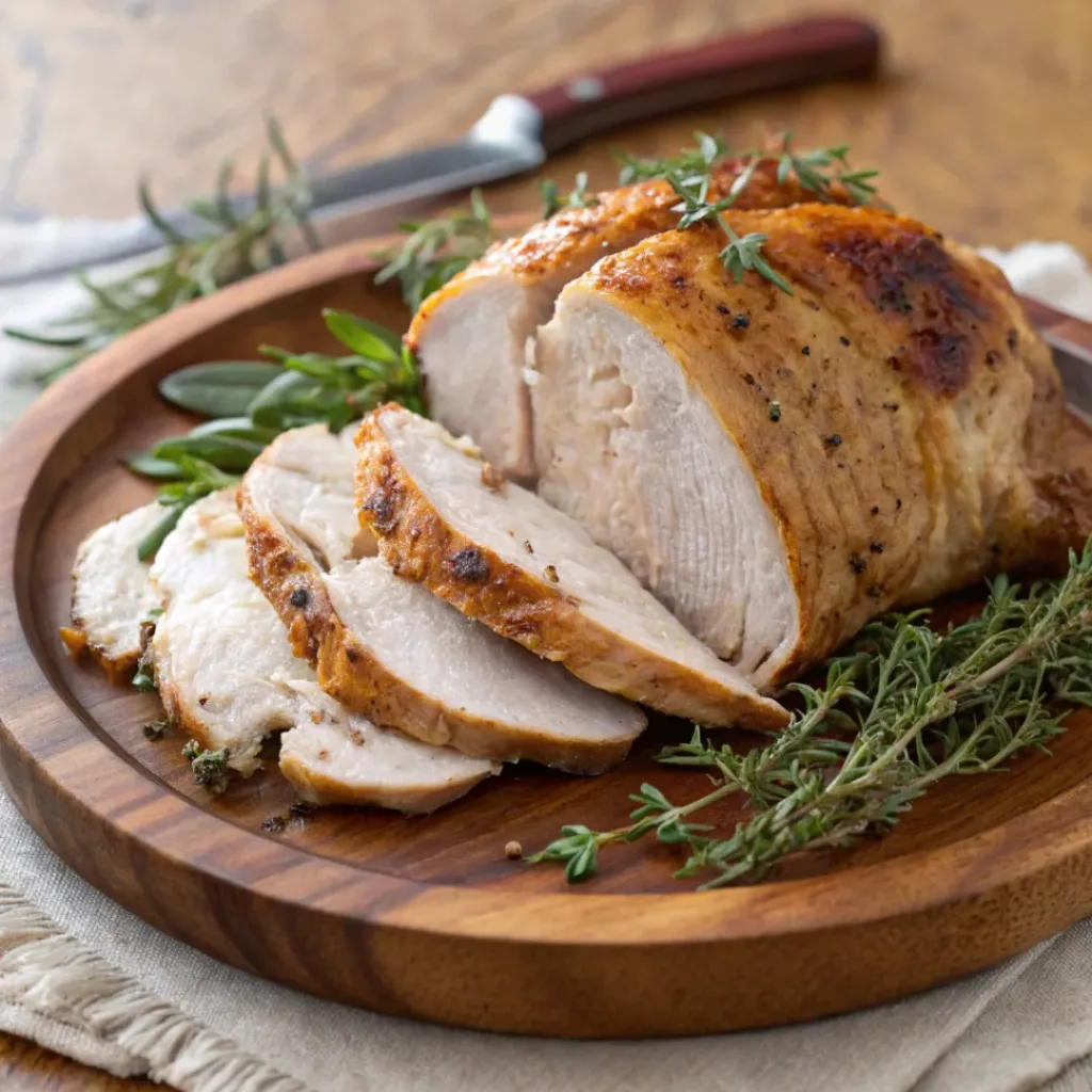 Sliced Crock Pot Turkey Breast on platter with herbs