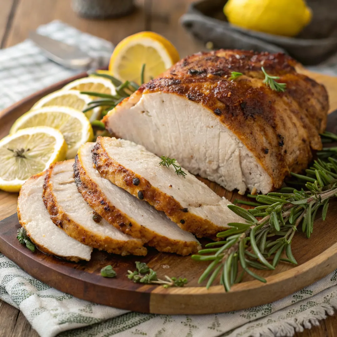 Close-up of tender Crock Pot Turkey Breast garnished with herbs
