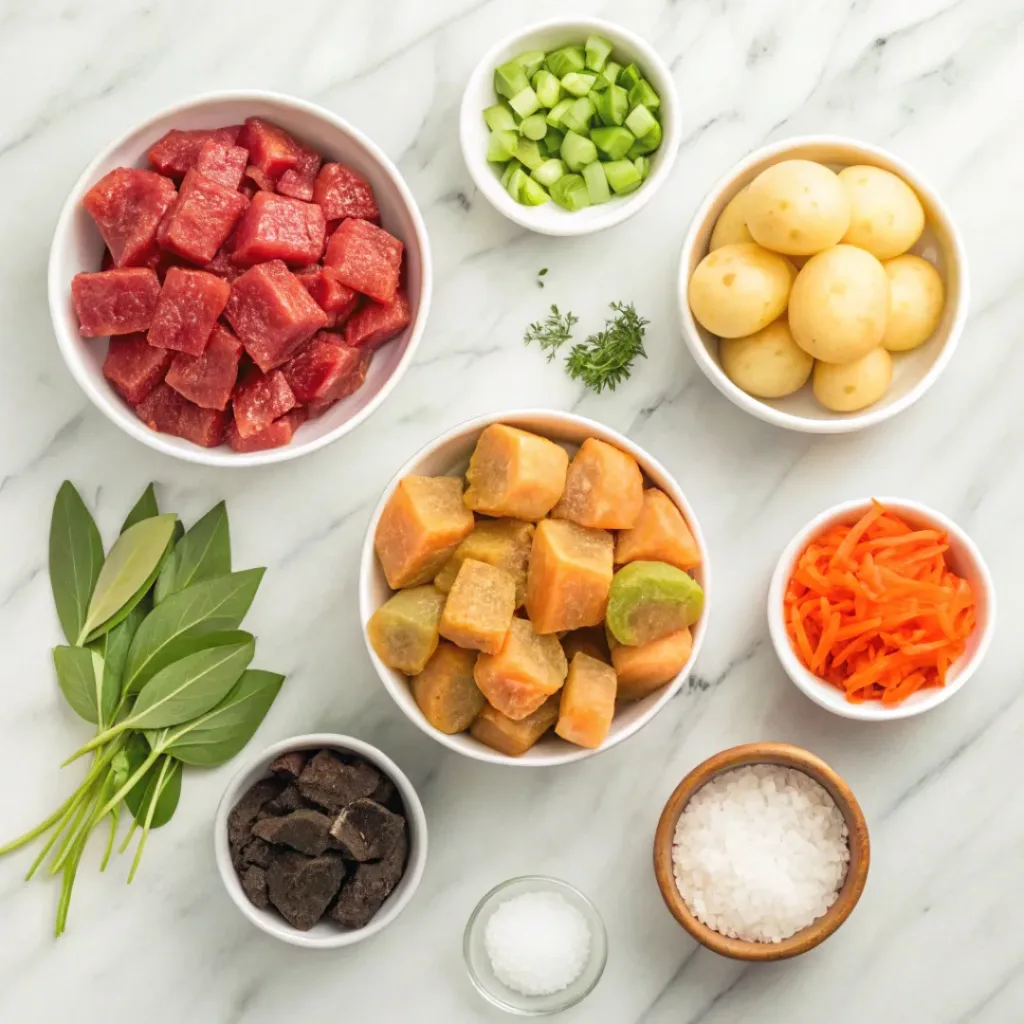 Crockpot Vegetable Beef Soup ingredients flat lay