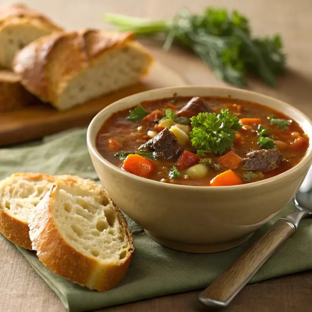 Crockpot Vegetable Beef Soup served with bread