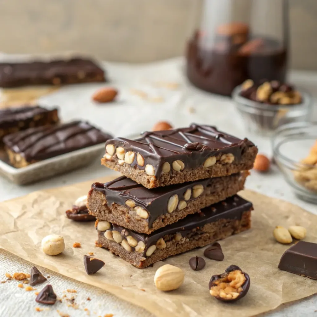 Home 9 Dark chocolate nut bars stacked with visible nuts