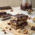 Dark chocolate nut bars stacked with visible nuts