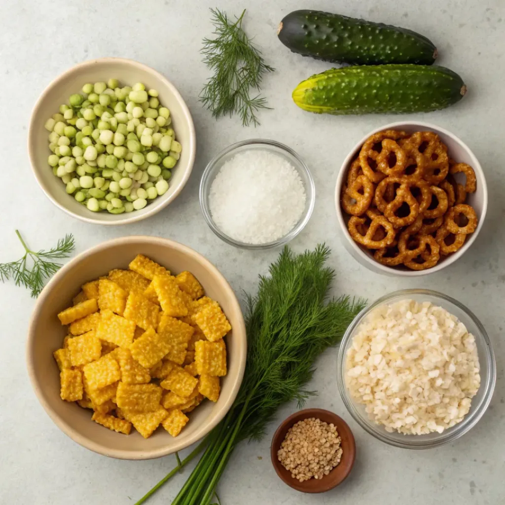 Dill Pickle Chex Mix – Tangy & Crunchy Snack 6 Dill Pickle Chex Mix ingredients flat lay
