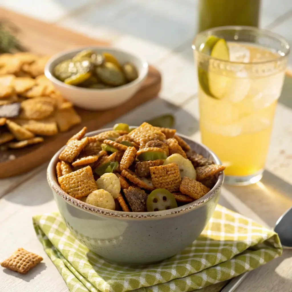 Dill Pickle Chex Mix – Tangy & Crunchy Snack 8 Dill Pickle Chex Mix served with a drink