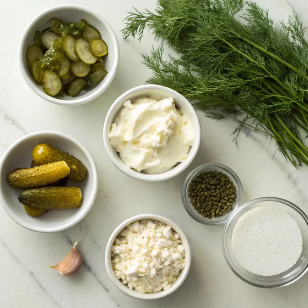 Creamy Dill Pickle Dip 6 Dill Pickle Dip ingredients flat lay