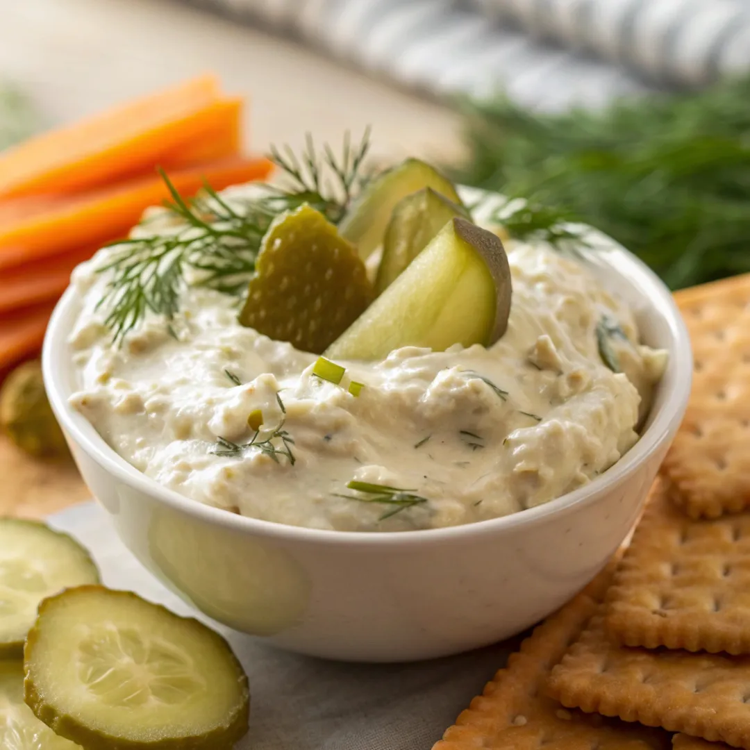 Dill Pickle Dip served with crackers and veggies