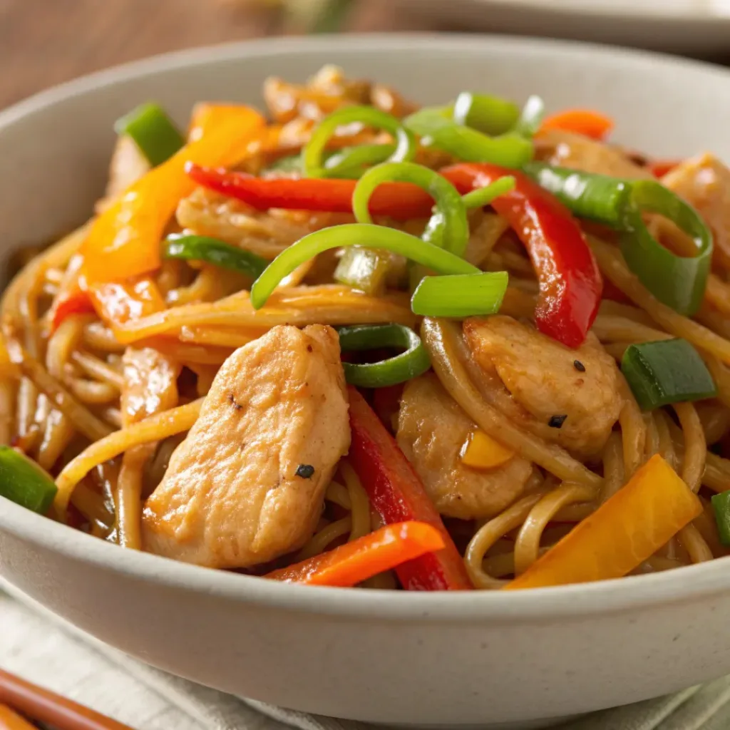 Easy Chicken Lo Mein in bowl with vegetables and noodles