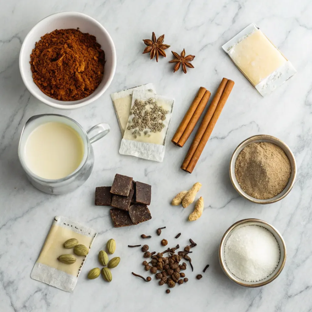 Easy Homemade Chai Latte – Warm & Cozy Spice 6 Flat lay of ingredients for homemade chai latte