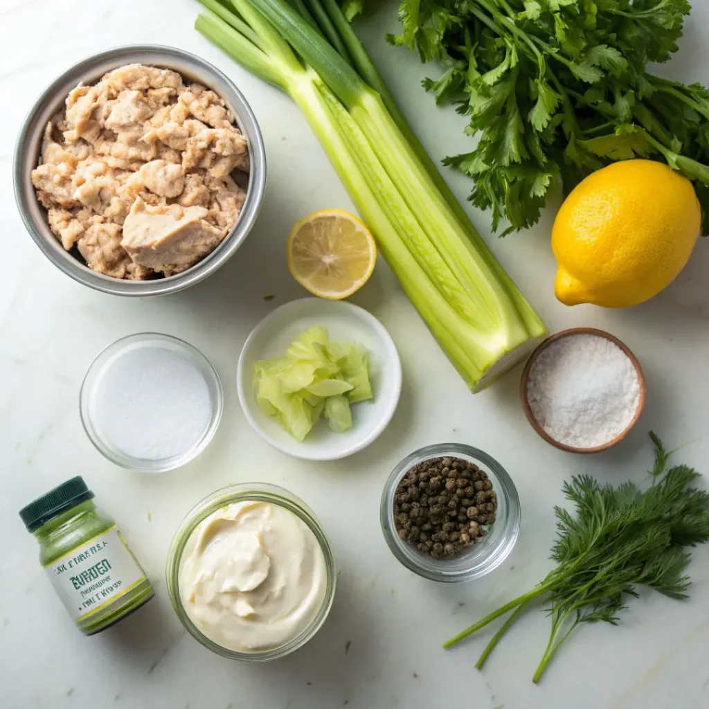 Easy Tuna Salad – Quick, Healthy, and Flavorful 6 Easy Tuna Salad ingredients flat lay