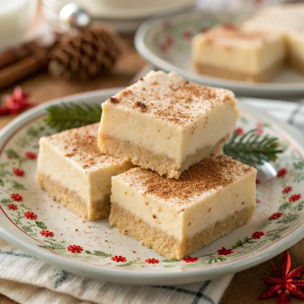 Served Eggnog Fudge squares on festive plate