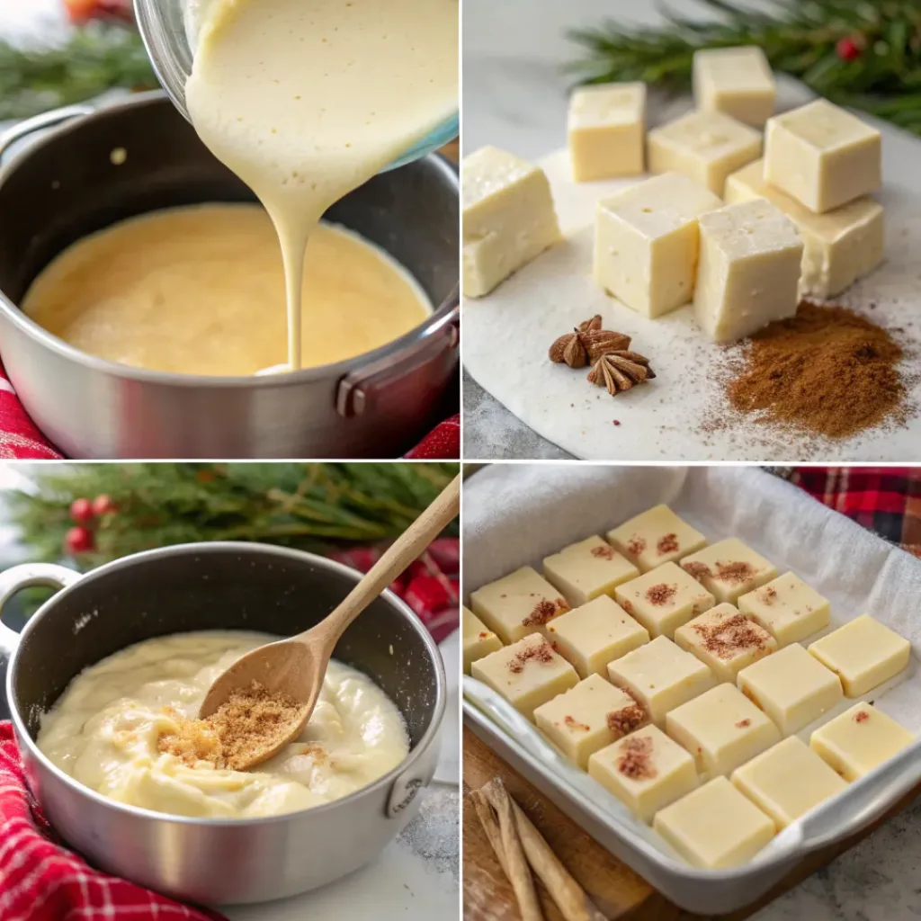 Collage of making Eggnog Fudge