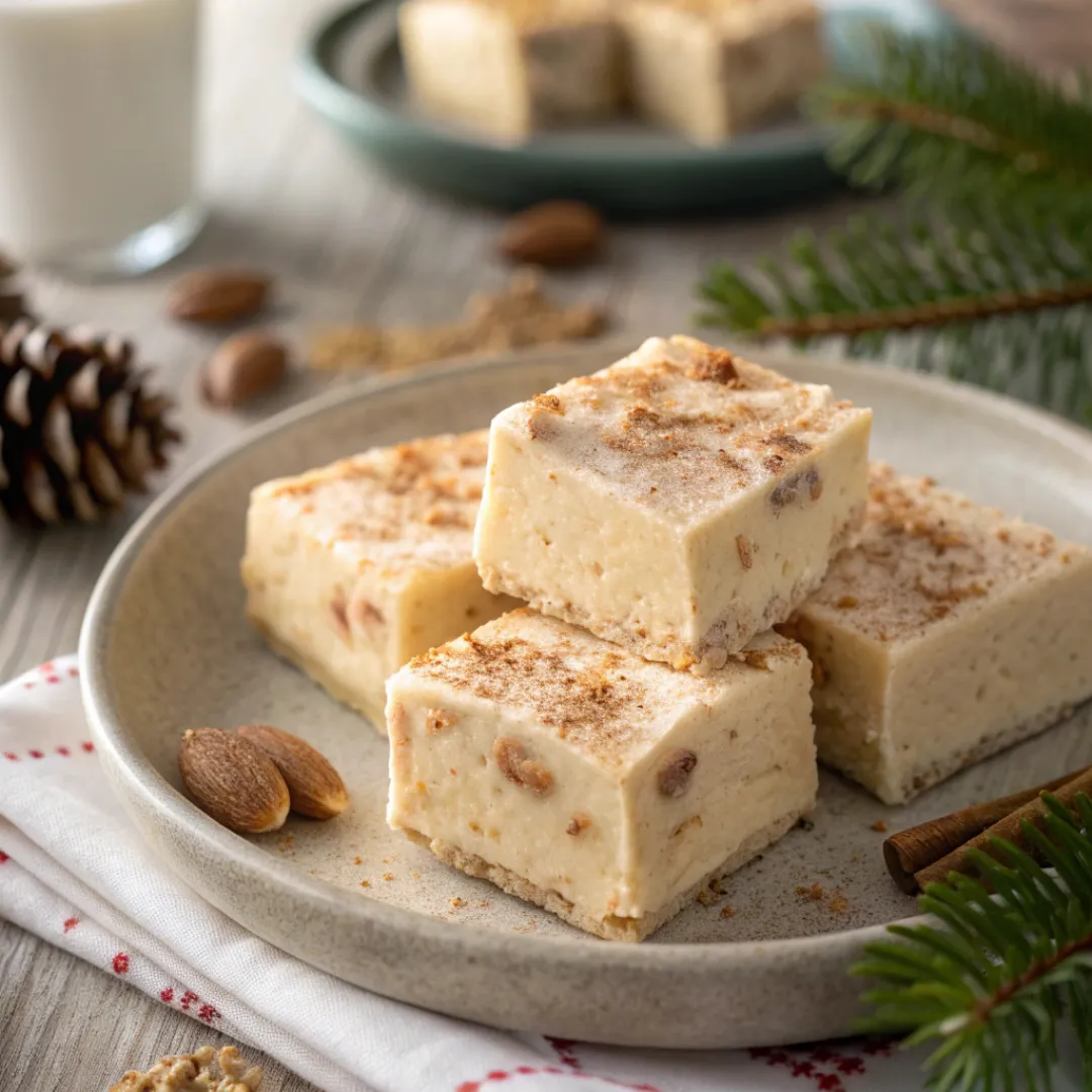 Close-up of creamy Eggnog Fudge squares on a plate