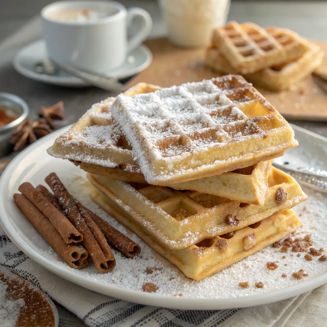 Stack of Eggnog Waffles on plate