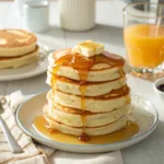 Fluffy buttermilk pancakes stacked with butter and syrup