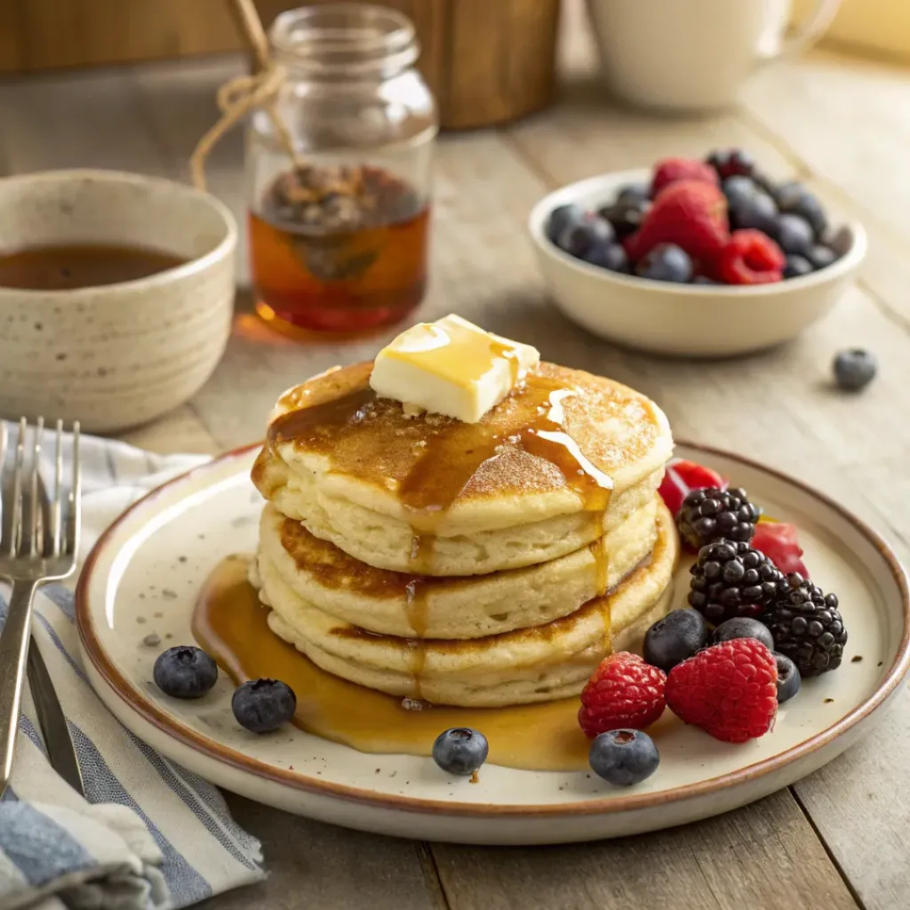 Homemade Fluffy Buttermilk Pancakes 8 Fluffy buttermilk pancakes served with syrup and berries