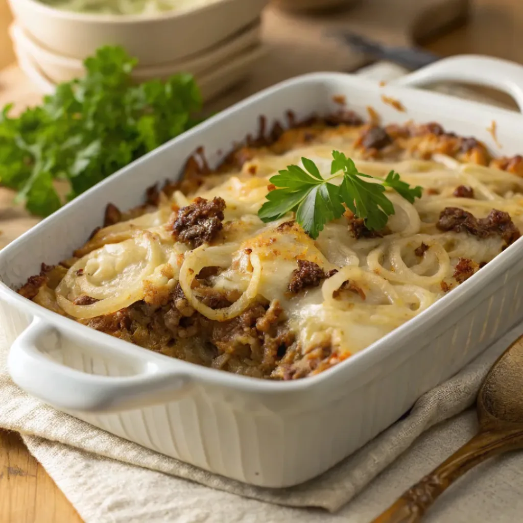Creamy and cheesy French Onion Beef and Rice Casserole in baking dish