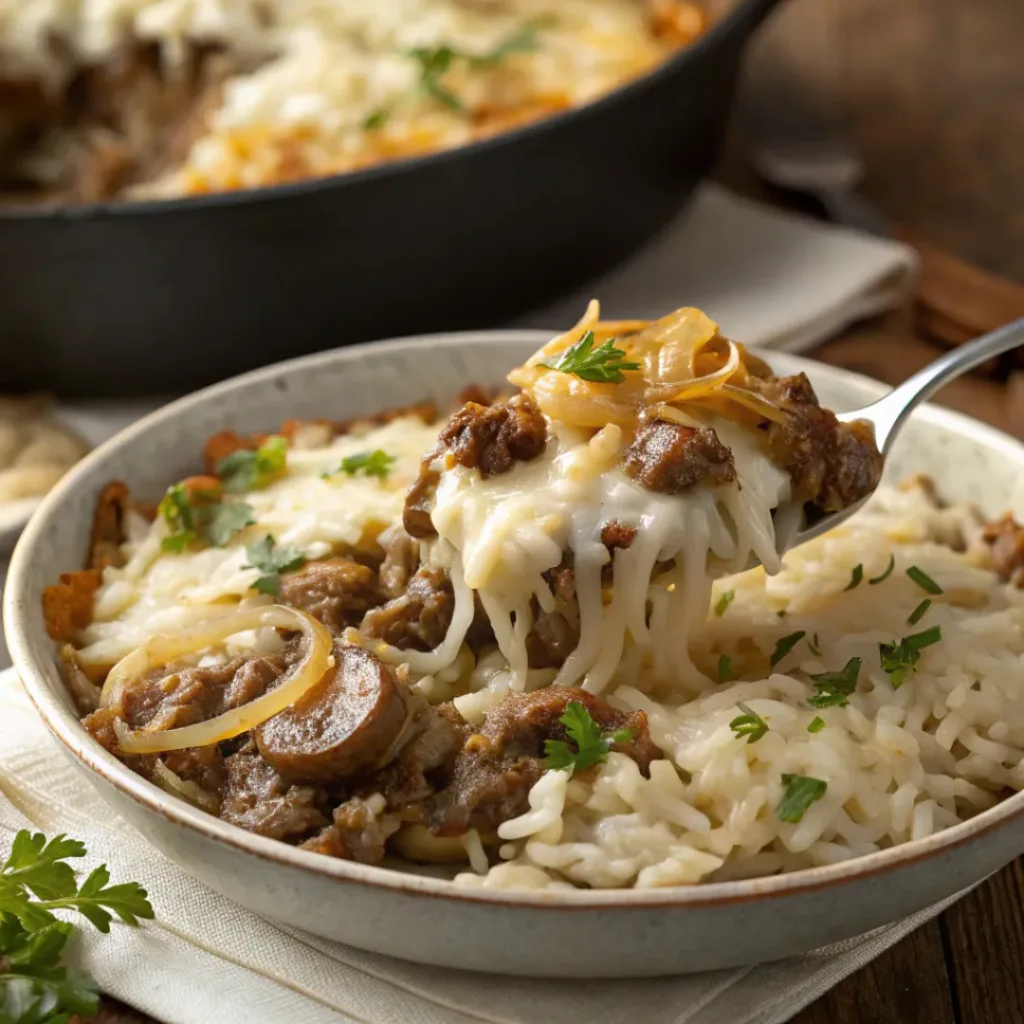 French Onion Beef and Rice Casserole – Creamy, Hearty Comfort 8 Serving of French Onion Beef and Rice Casserole on a plate