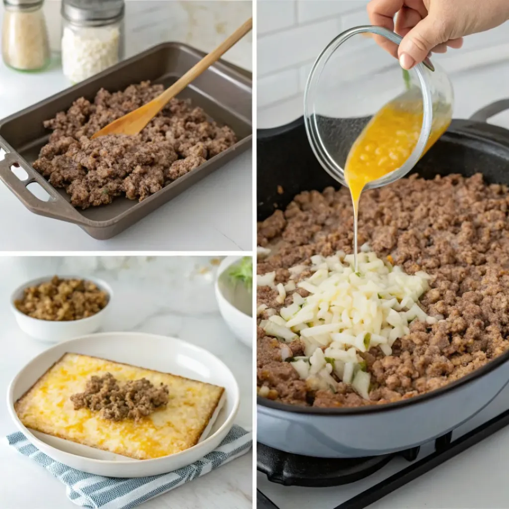 French Onion Beef and Rice Casserole – Creamy, Hearty Comfort 7 Step-by-step collage making French Onion Beef and Rice Casserole