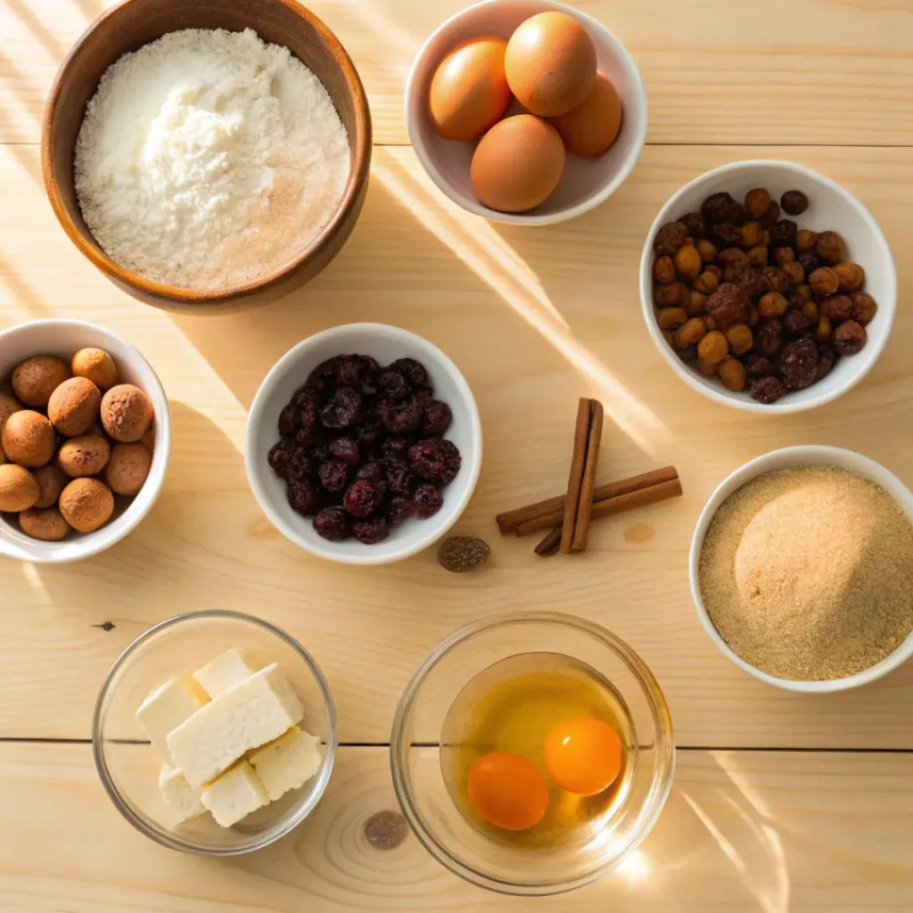 Fruitcake Bars ingredients flat lay