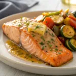 Garlic Butter Salmon with Veggies on plate
