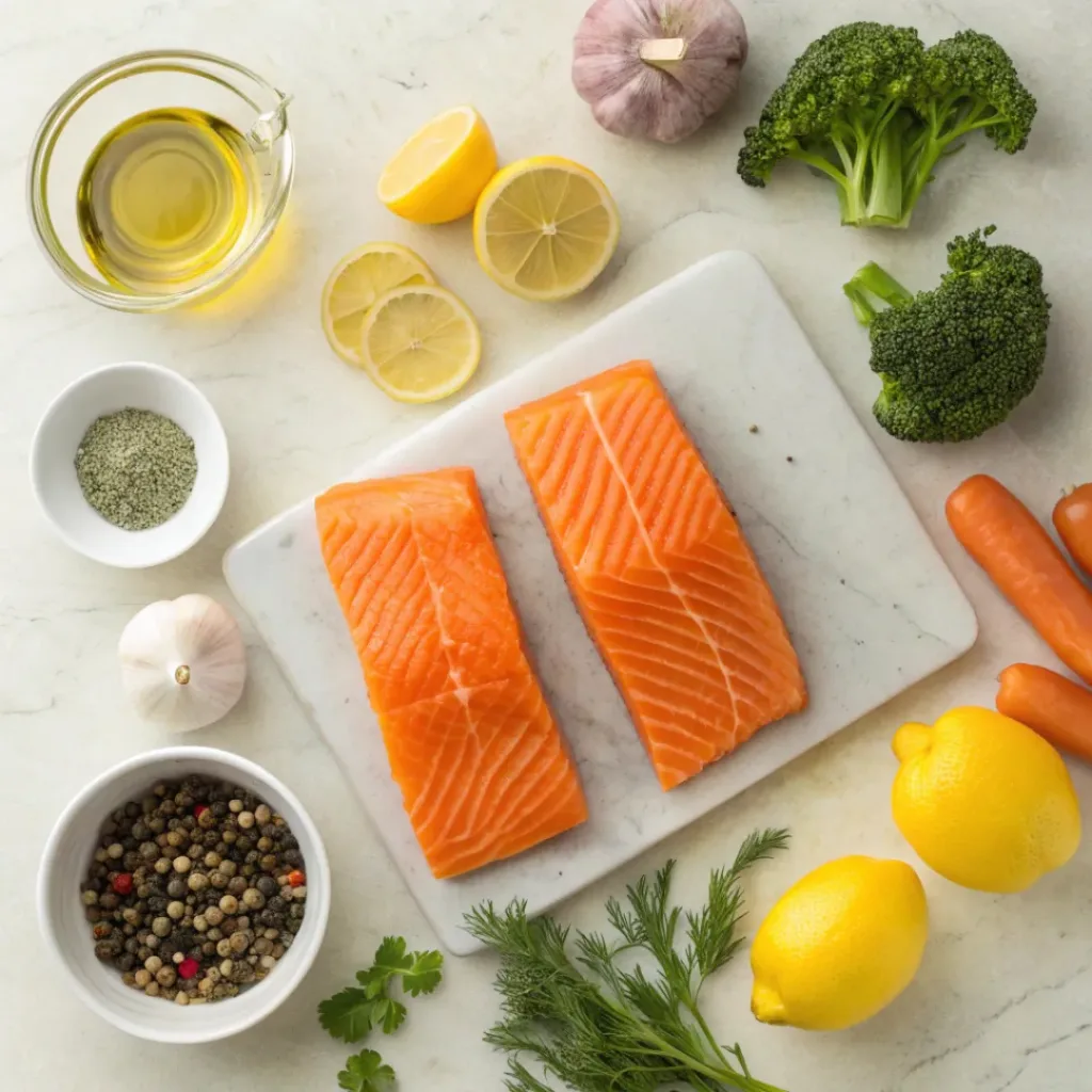 Easy Garlic Butter Salmon with Veggies 6 Garlic Butter Salmon with Veggies ingredients flat lay