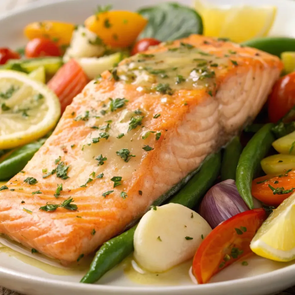 Easy Garlic Butter Salmon with Veggies 8 Served Garlic Butter Salmon with Veggies