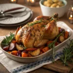 Garlic Herb Butter Roast Chicken with roasted root vegetables