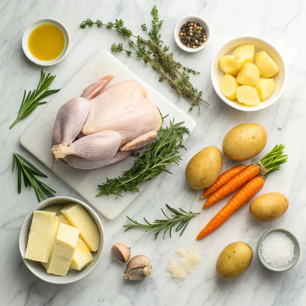 Garlic Herb Butter Roast Chicken with Root Vegetables 6 Flat lay of ingredients for garlic herb butter roast chicken