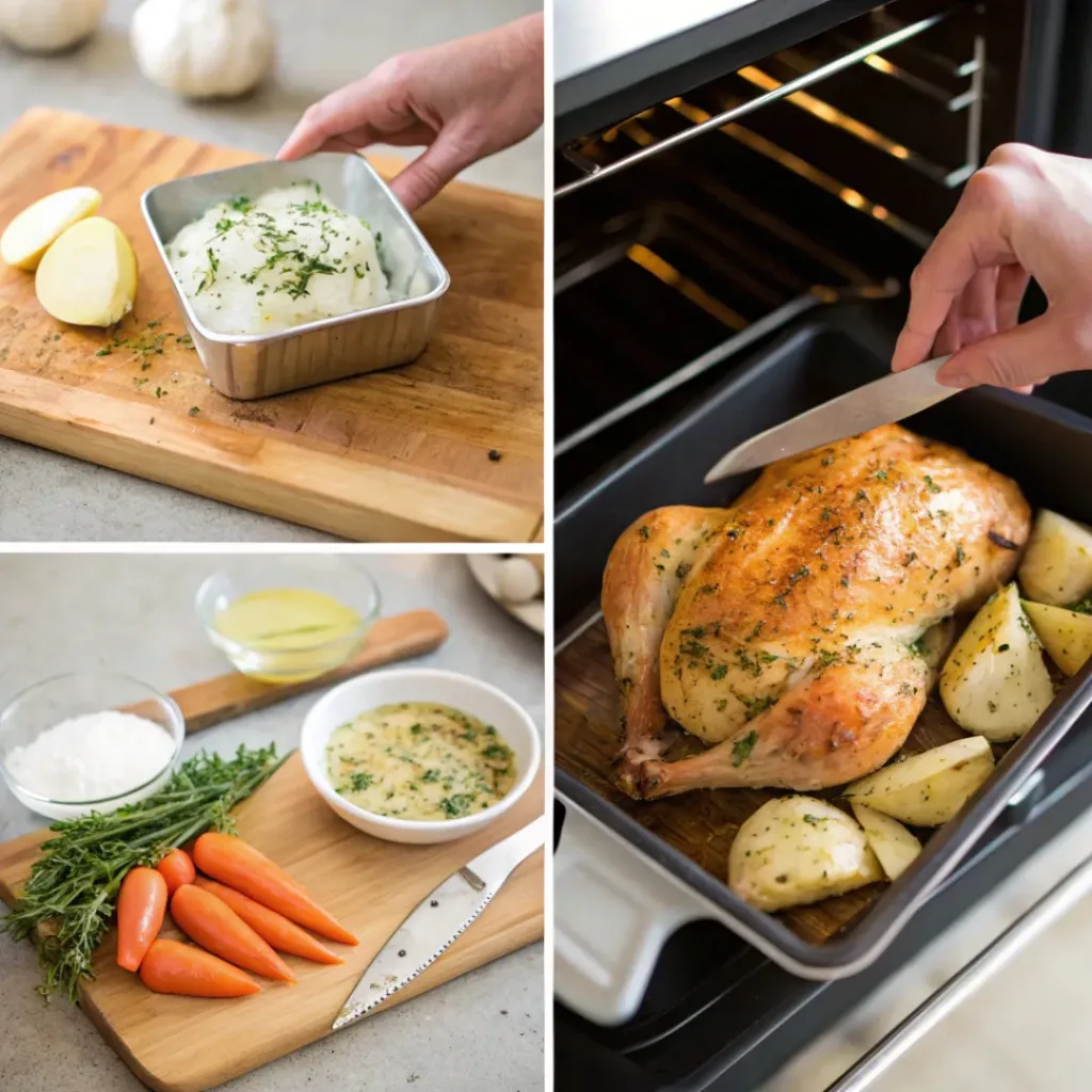 Garlic Herb Butter Roast Chicken with Root Vegetables 7 Step-by-step collage of making garlic herb butter roast chicken