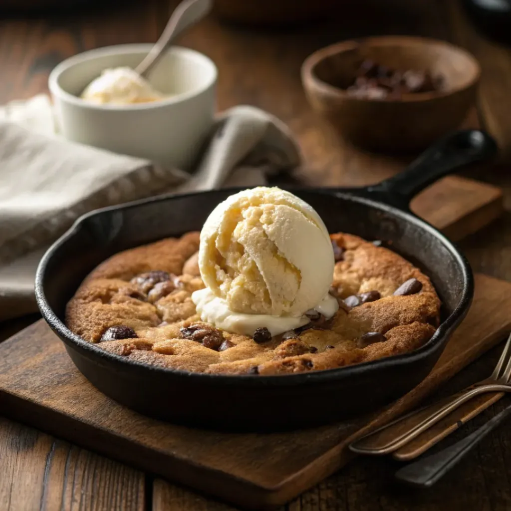 Giant Skillet Chocolate Chip Cookie – Soft, Gooey & Crowd-Pleasing 8 Giant skillet chocolate chip cookie served with ice cream