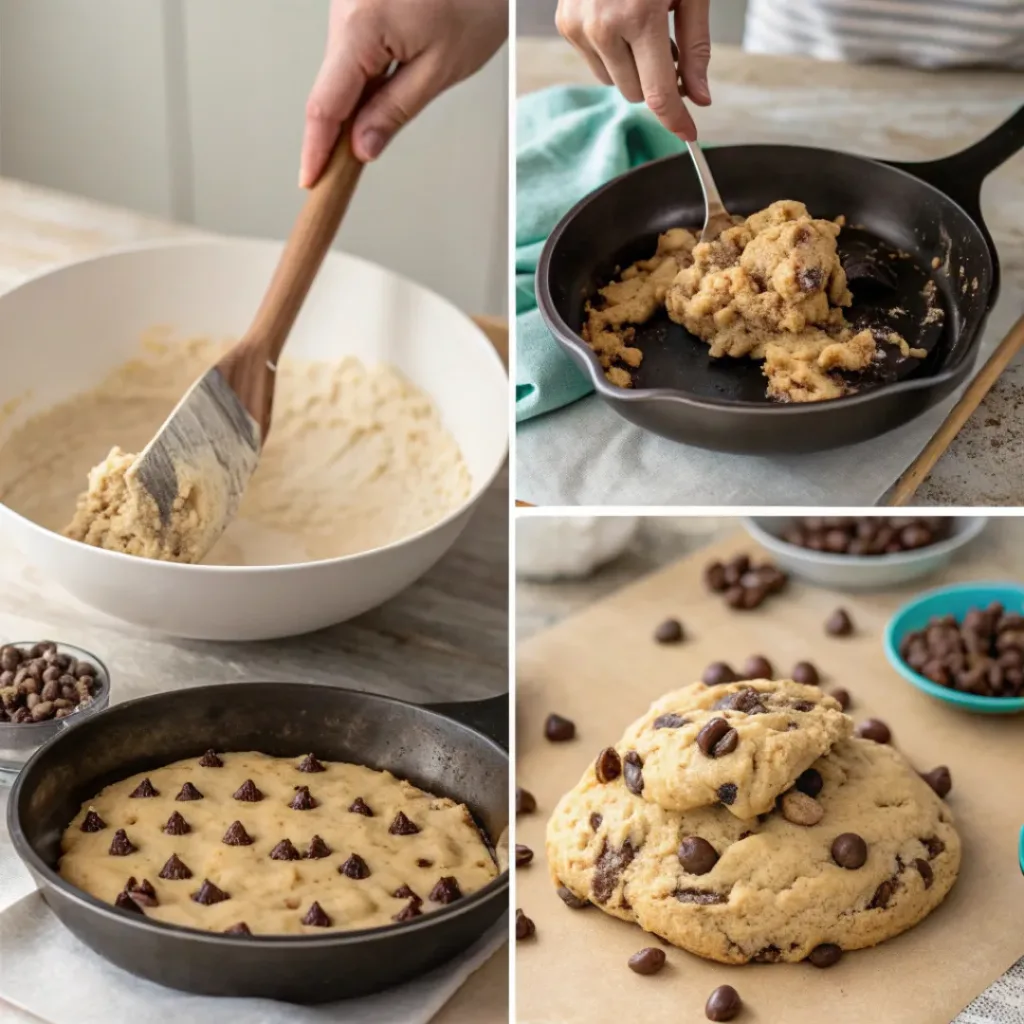 Giant Skillet Chocolate Chip Cookie – Soft, Gooey & Crowd-Pleasing 7 Step-by-step collage of making giant skillet chocolate chip cookie