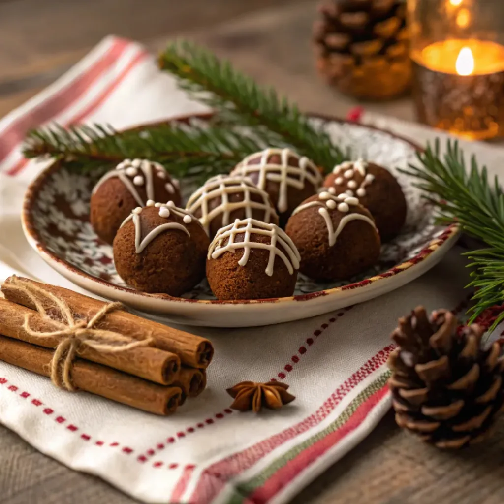 Spiced Gingerbread Truffles 8 Gingerbread Truffles served on a festive plate