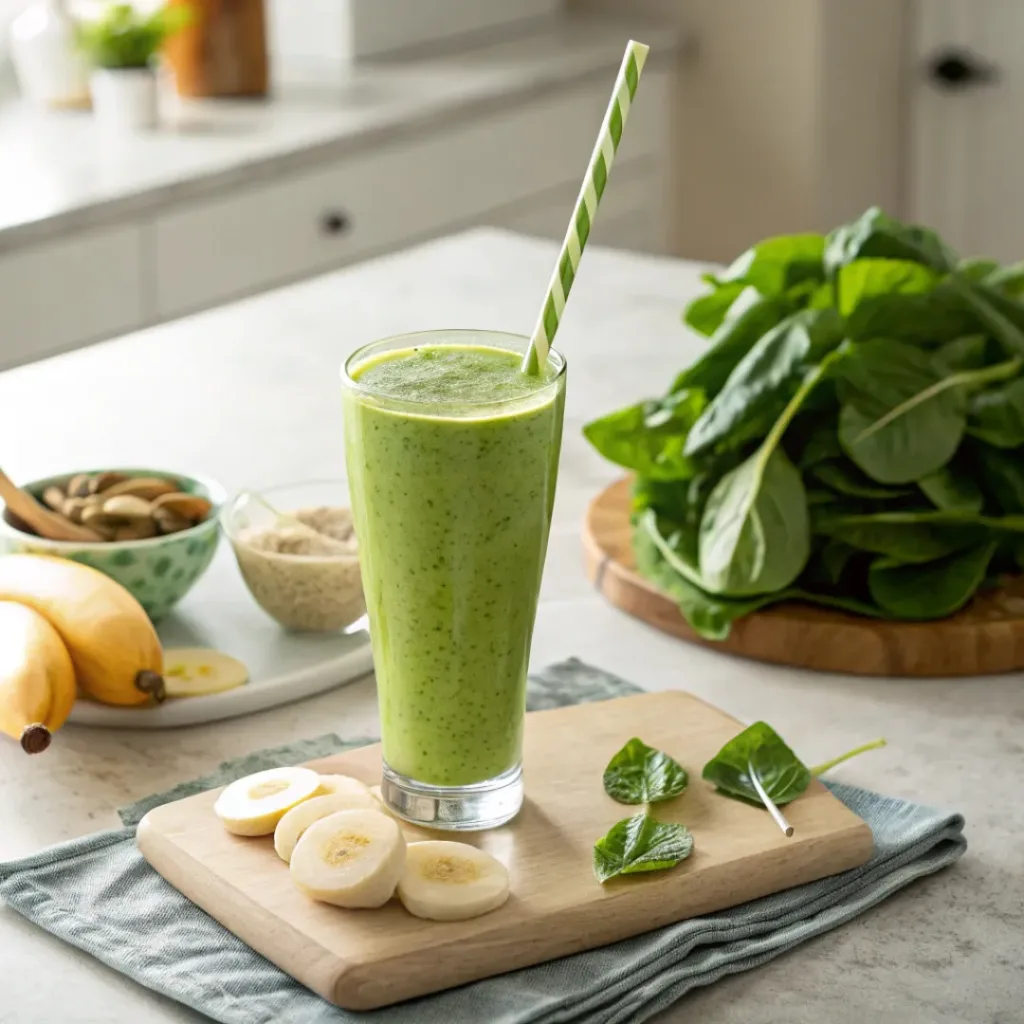 Green smoothie in a glass with spinach and banana