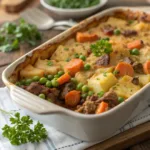 Hobo Casserole with Ground Beef in casserole dish