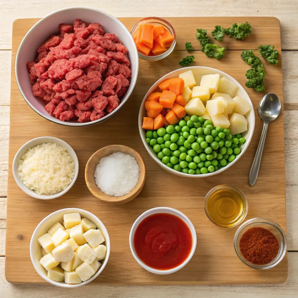 All ingredients needed for Hobo Casserole with Ground Beef