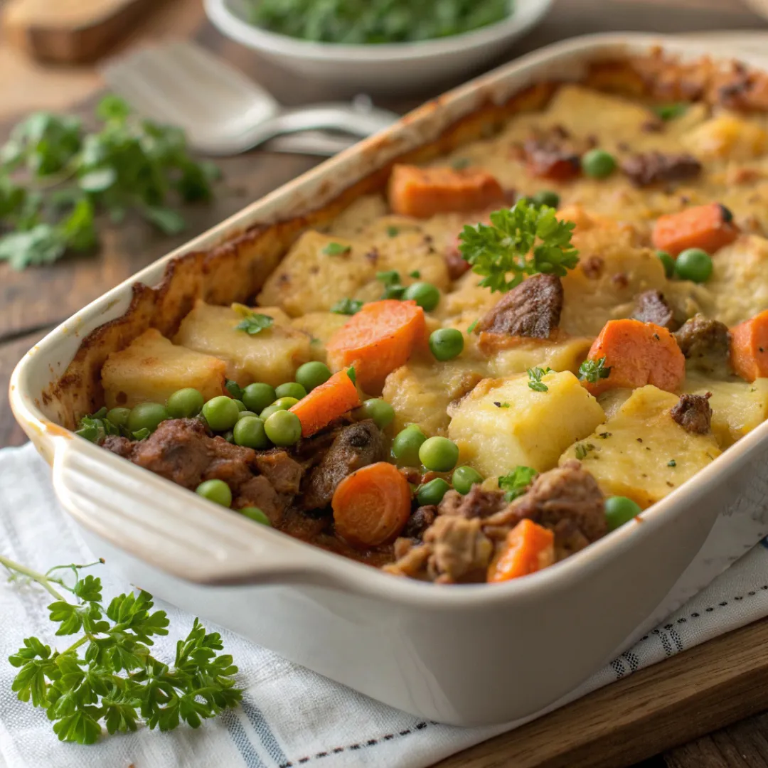 Hobo Casserole with Ground Beef in casserole dish