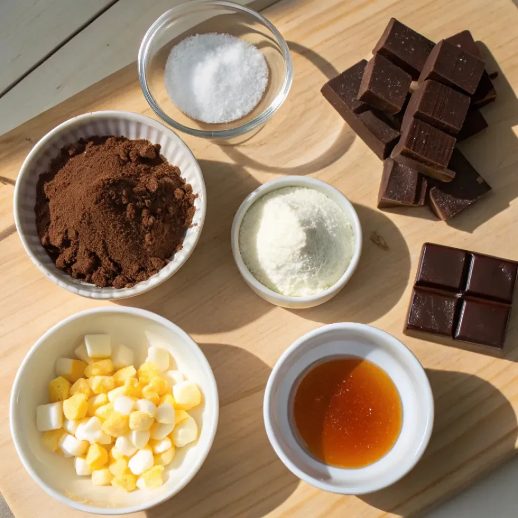 Flat lay of ingredients for chocolate marshmallows