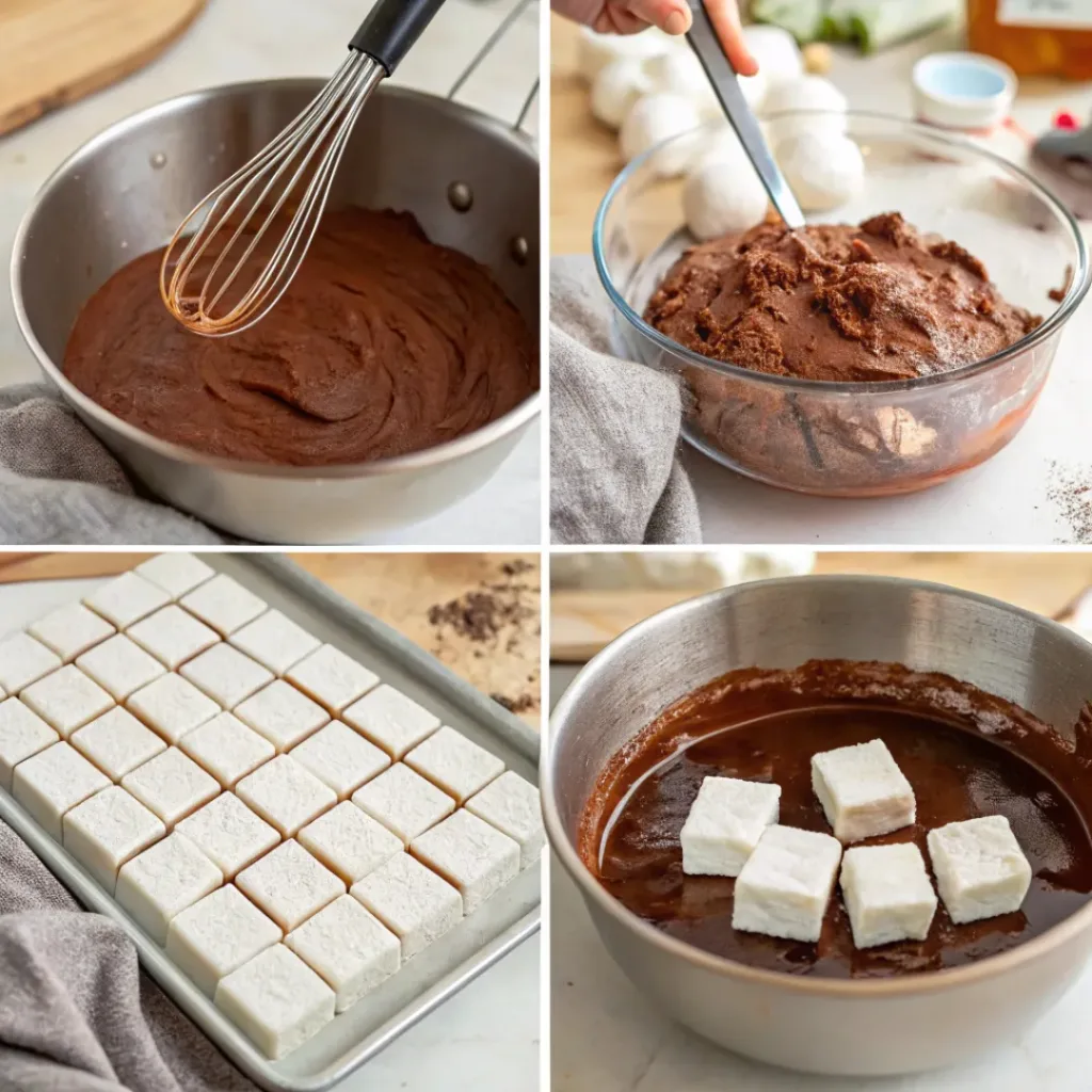 Collage showing the process of making chocolate marshmallows