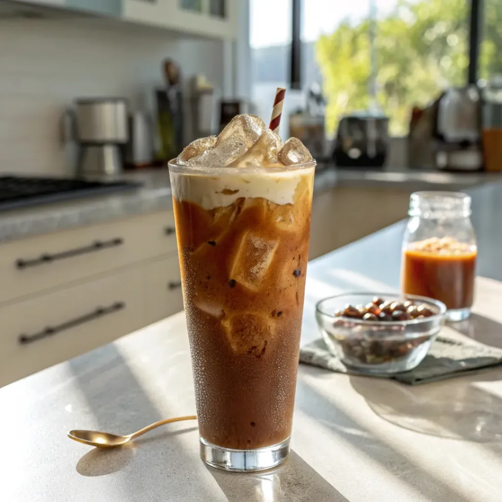 Glass of homemade iced coffee with ice and cream