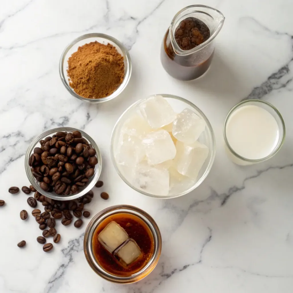Flat lay of ingredients for homemade iced coffee