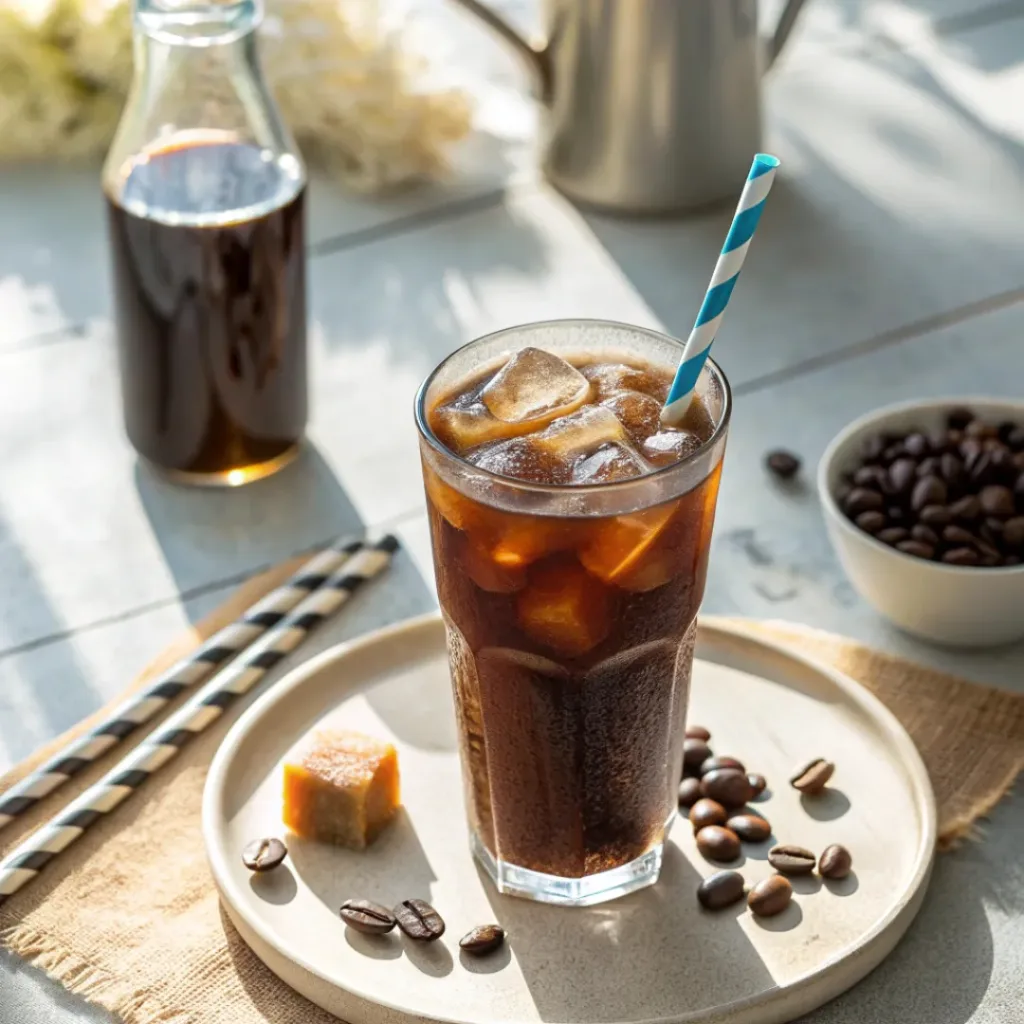Homemade iced coffee served in a glass with straw