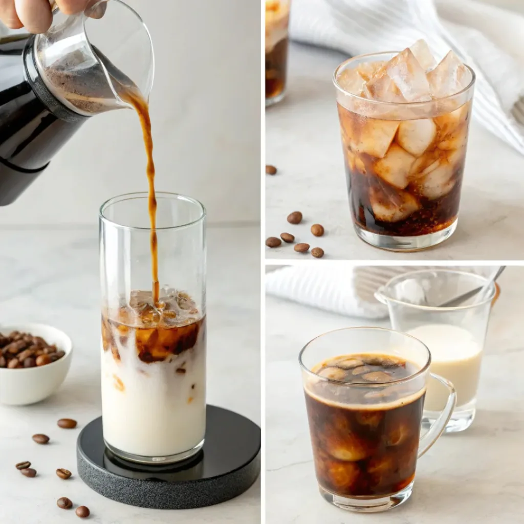 Step-by-step collage of making homemade iced coffee