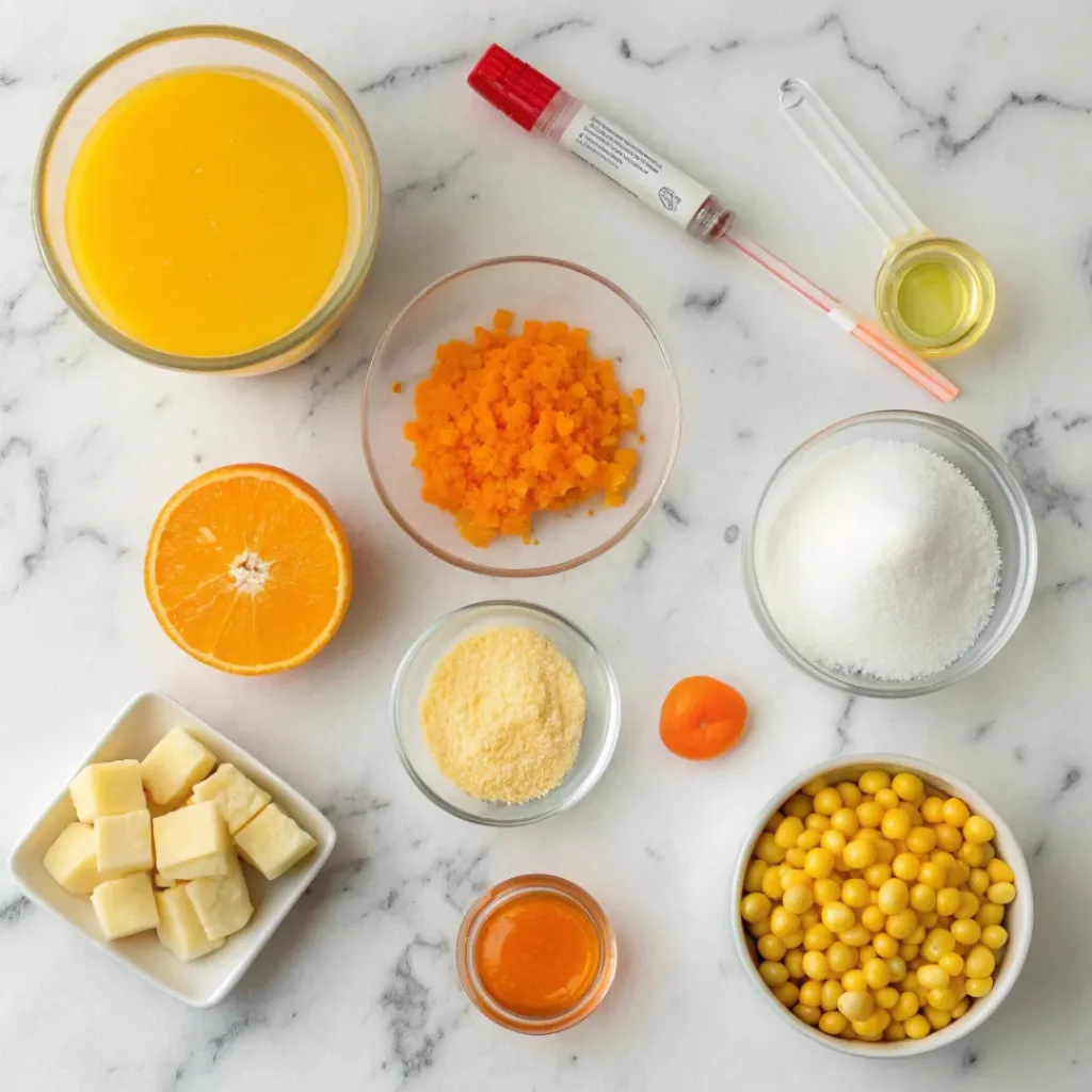 Homemade orange candy ingredients flat lay