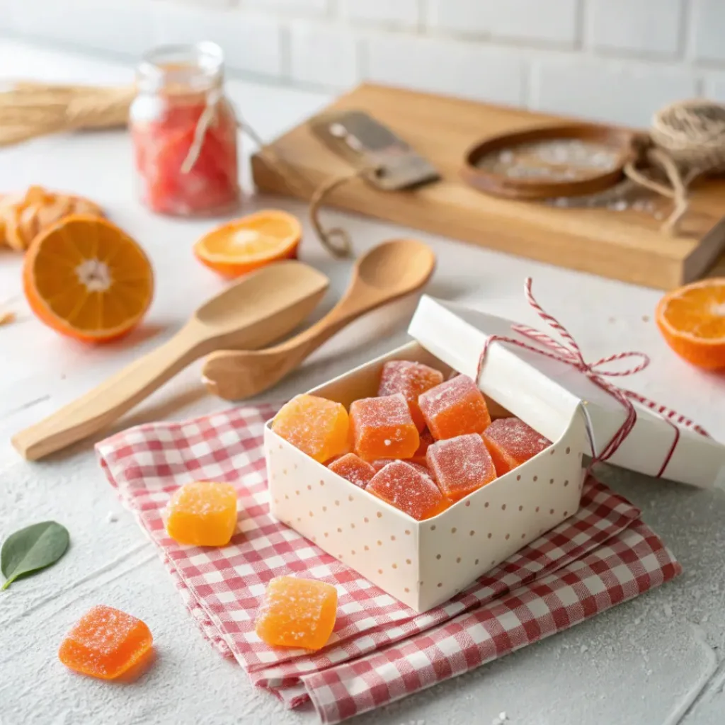 Homemade orange candies served in a bowl