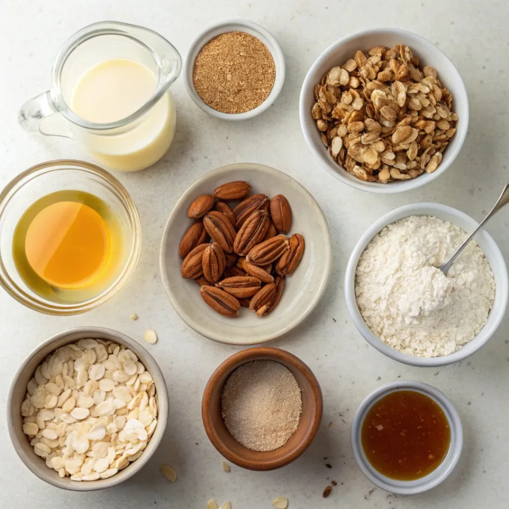 Crunchy Honey Granola Clusters 6 Honey Granola Clusters ingredients flat lay