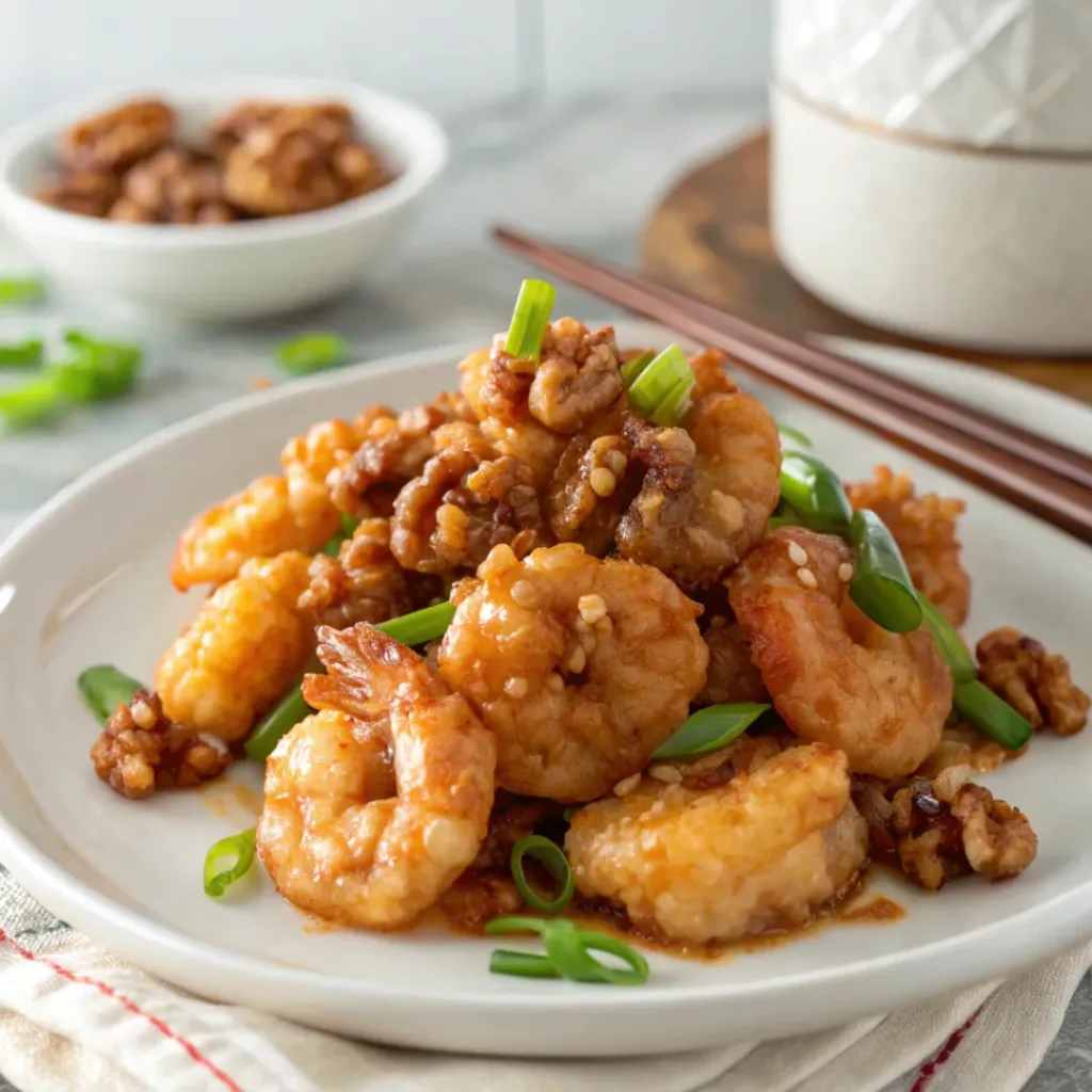 Honey Walnut Shrimp with candied walnuts on a plate