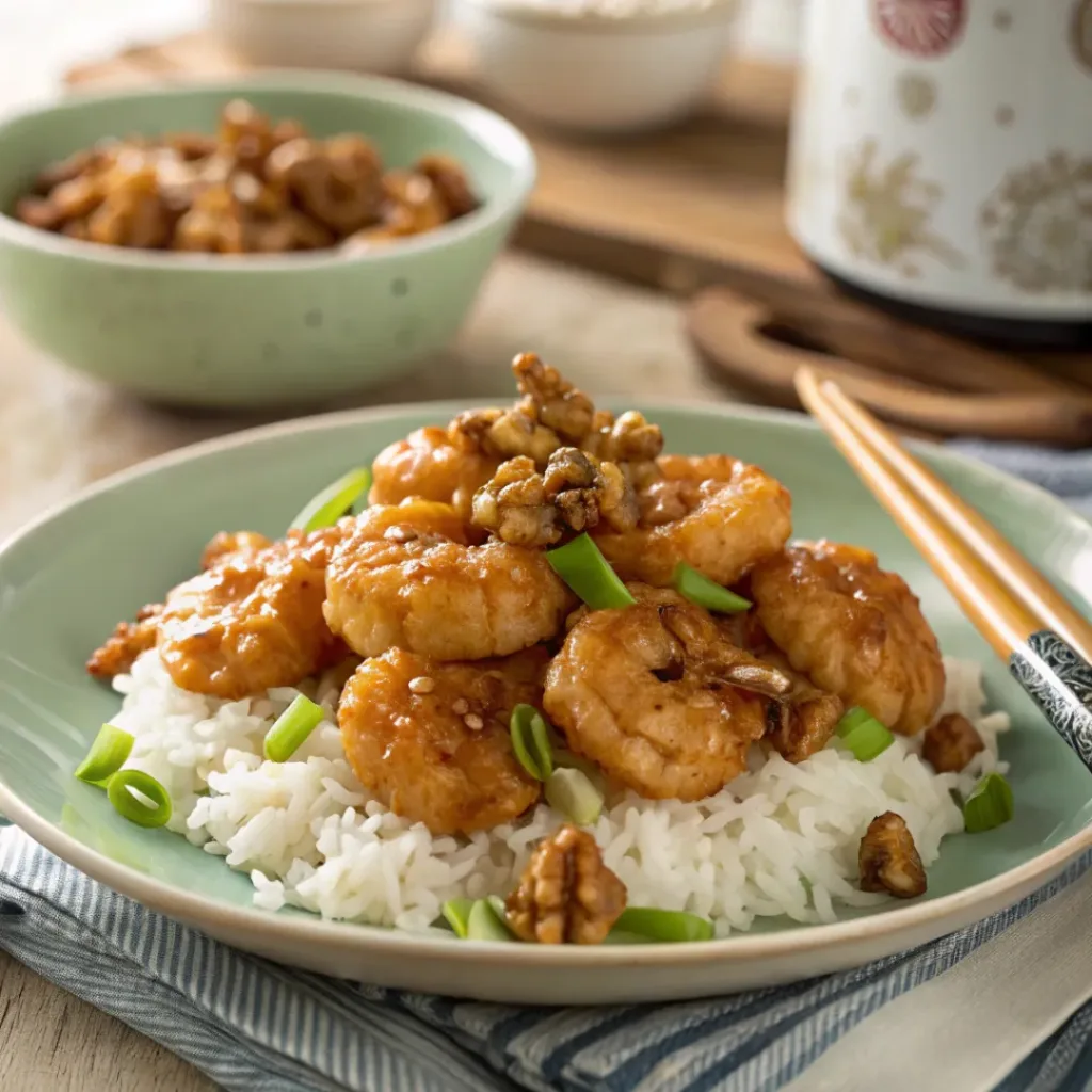 Honey Walnut Shrimp – Sweet, Crispy & Delicious 8 Honey Walnut Shrimp served with rice and candied walnuts