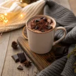 Hot cacao in a mug with whipped cream and chocolate shavings