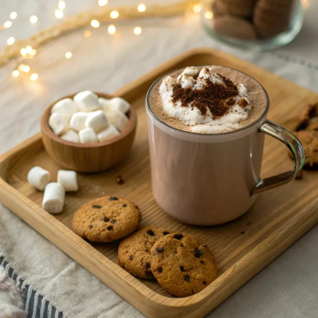 Hot Cacao Mix served with cookies and marshmallows